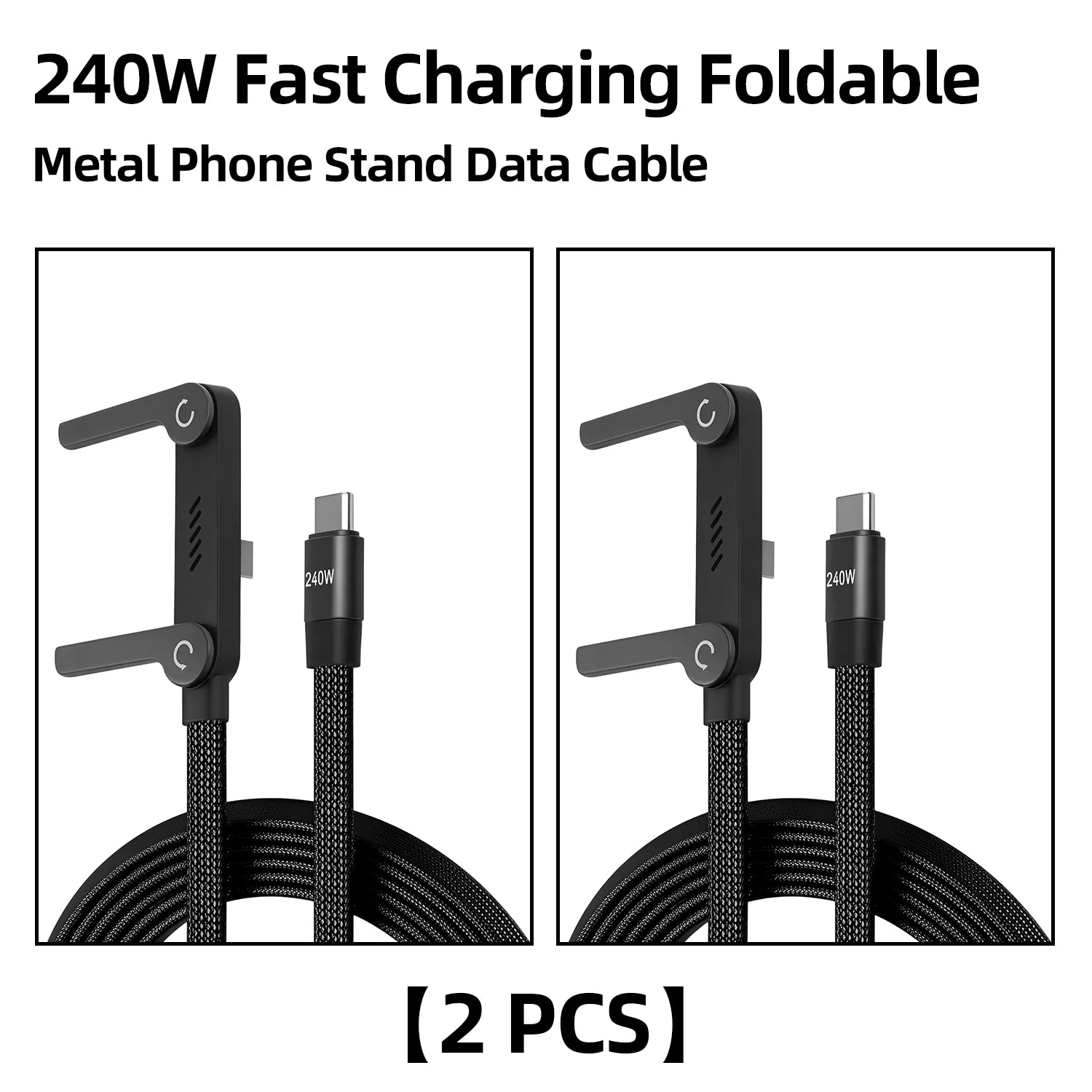 2-IN-1 Type-C Cable Foldable Mobile Phone Holder 240W Fast Charging Data Cable Multifunction Phone Charge Bracket Dual PD cable